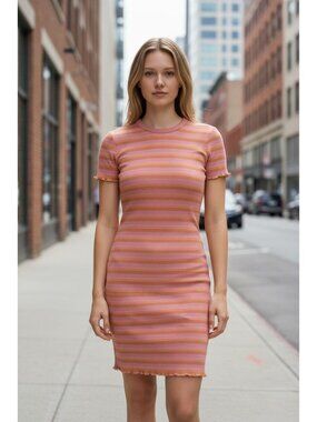 BP. Orange & Pink Striped Ribbed Knit Short-Sleeve Dress With Lettuce Trim Hem S